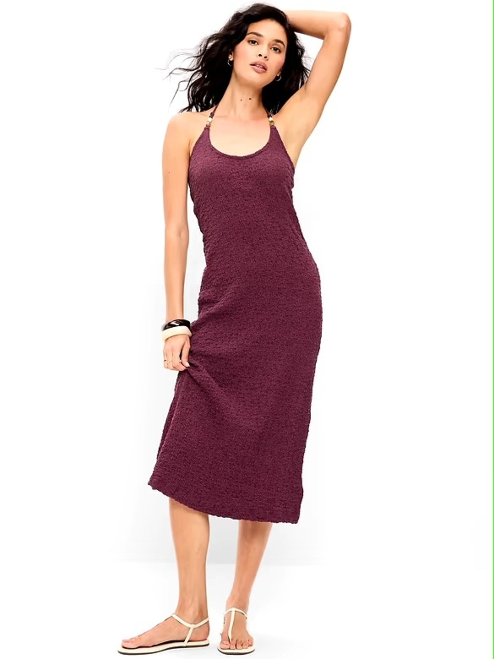 Old Navy Beaded Halter-Neck Textured Midi Dress In Cherry Bark